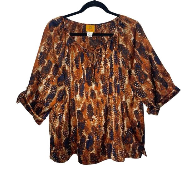 Ruby Rd. Autumn Orange/Cobalt Blue  Peacock Feather  3/4 Sleeve Blouse - Size 18 - Picture 1 of 11